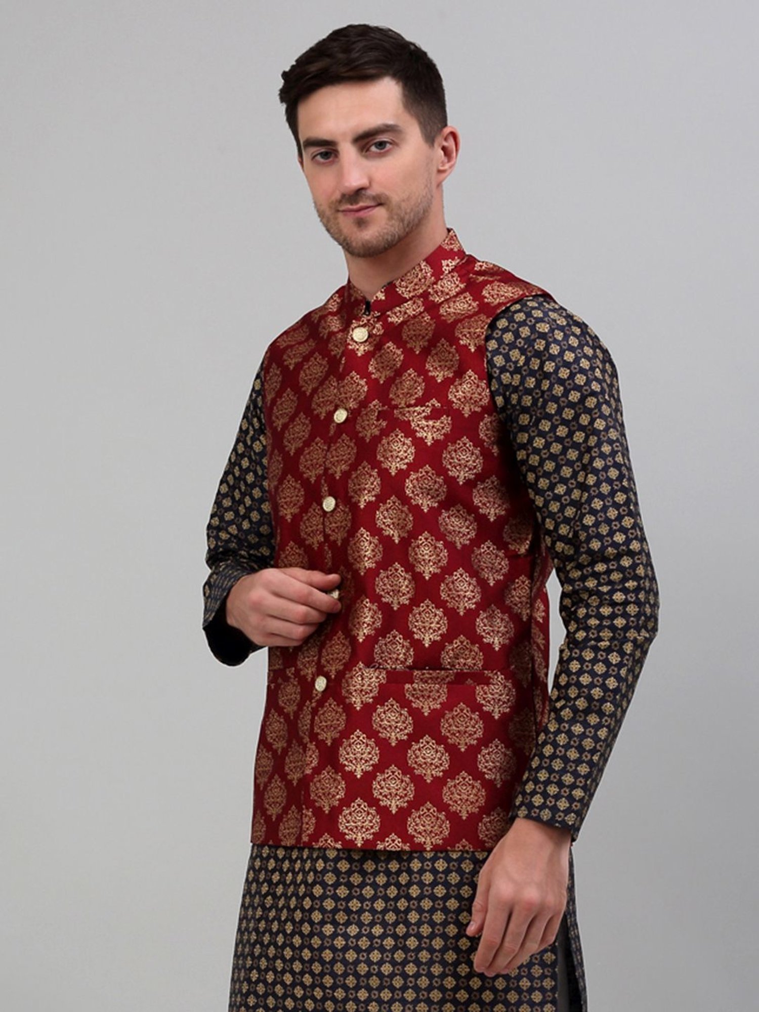 Jompers Maroon Regular Fit Printed Nehru Jacket