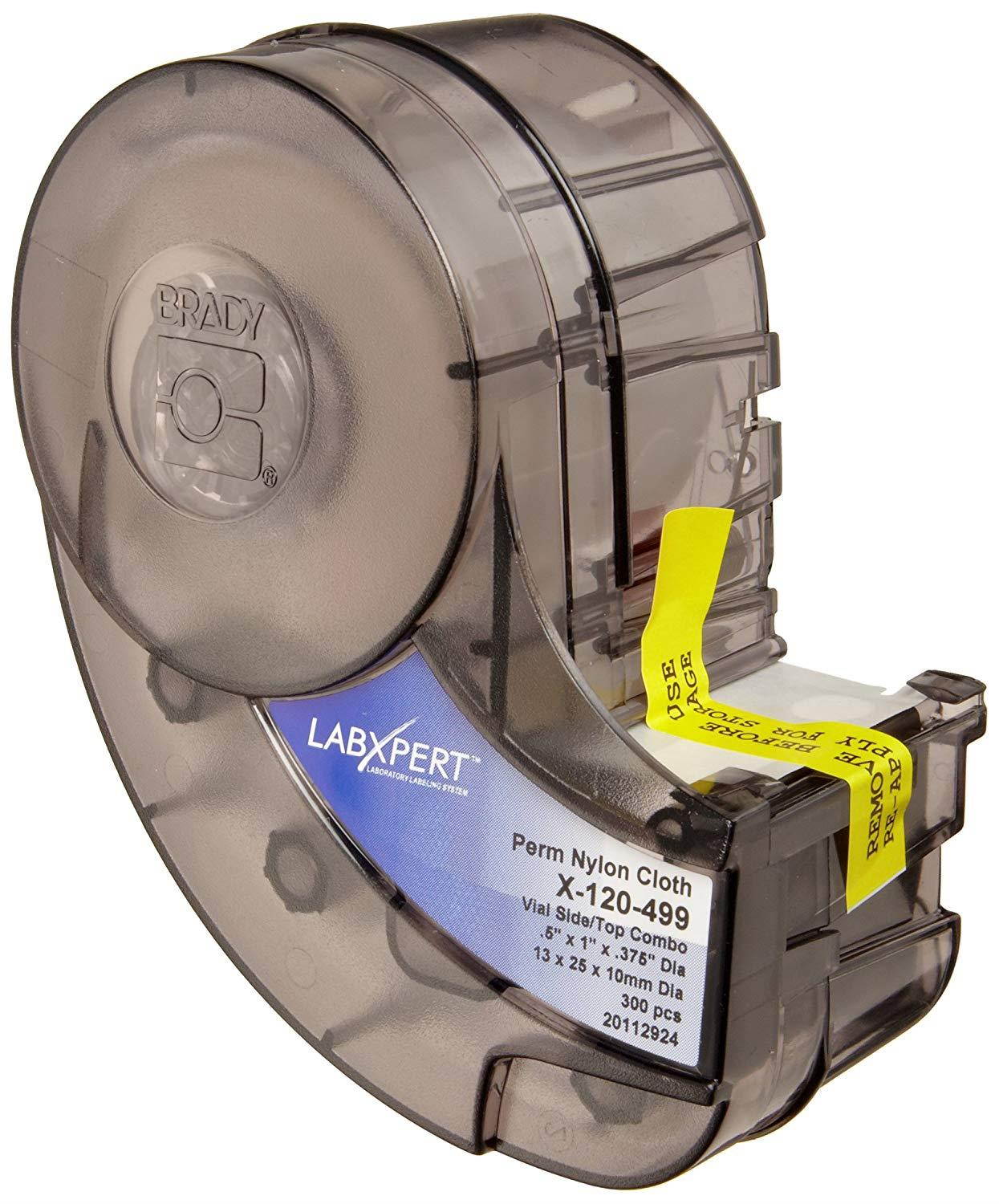 Brady X-120-499 Labxpert 1" Width with 0.375" Diameter vial top label Width x 0.5" Height, B-499 Nylon Cloth, Matte Finish Black on White Label (300 per Cartridge)