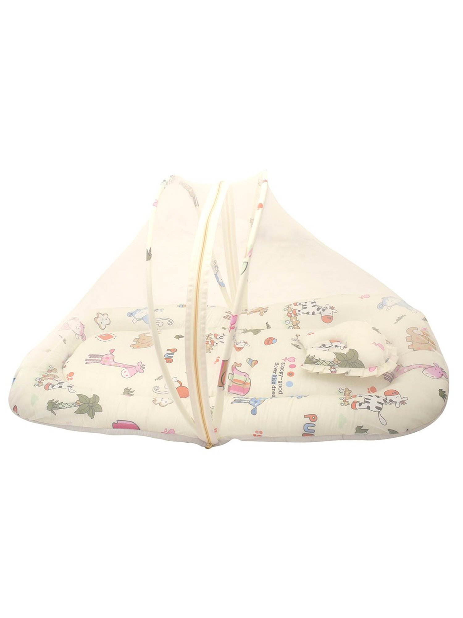 Baby Moo Tent Mattress Set with Neck Pillow I Love Animals Cream