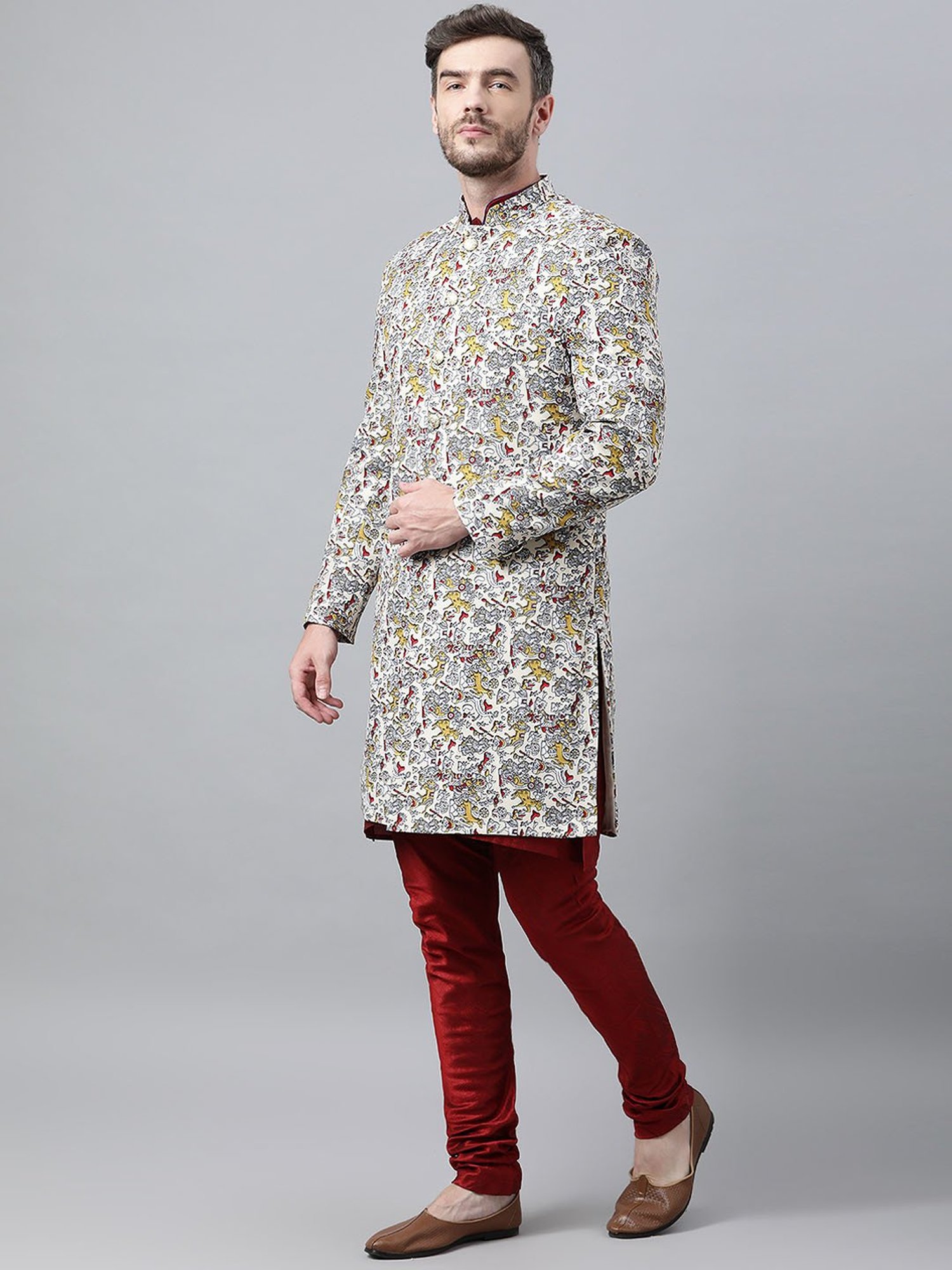Hangup Multicolor Regular Fit Printed Sherwani Set