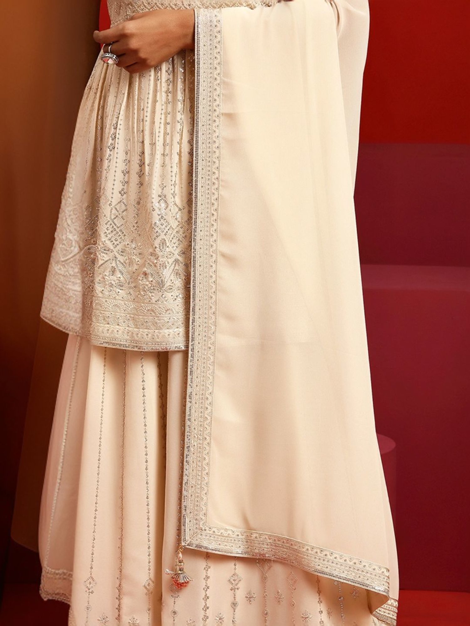 Libas Art Beige Embroidered Kurti Palazzo Set With Dupatta