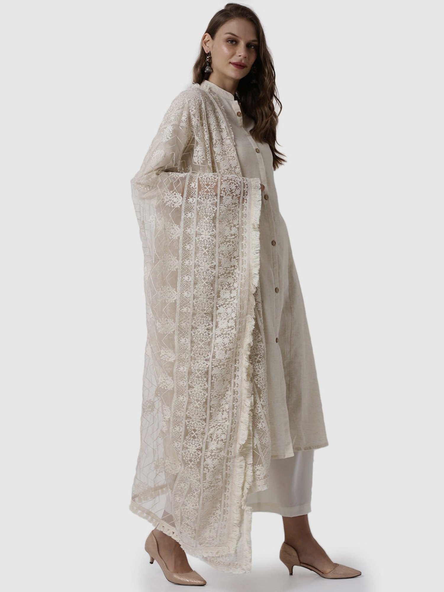 Soch Women Beige Crepe Embroidery Duppatta