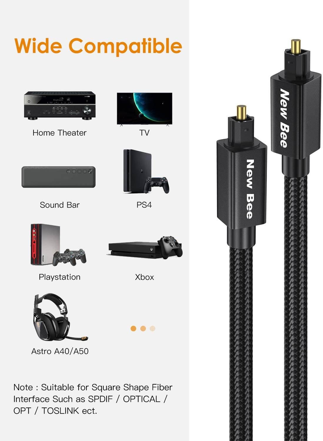 Optical Audio Cable 10ft New bee 24K Gold-Plated Nylon Braided Digital Toslink Cable for [S/PDIF] Home Theater Sound Bar TV PS4 Xbox Playstation