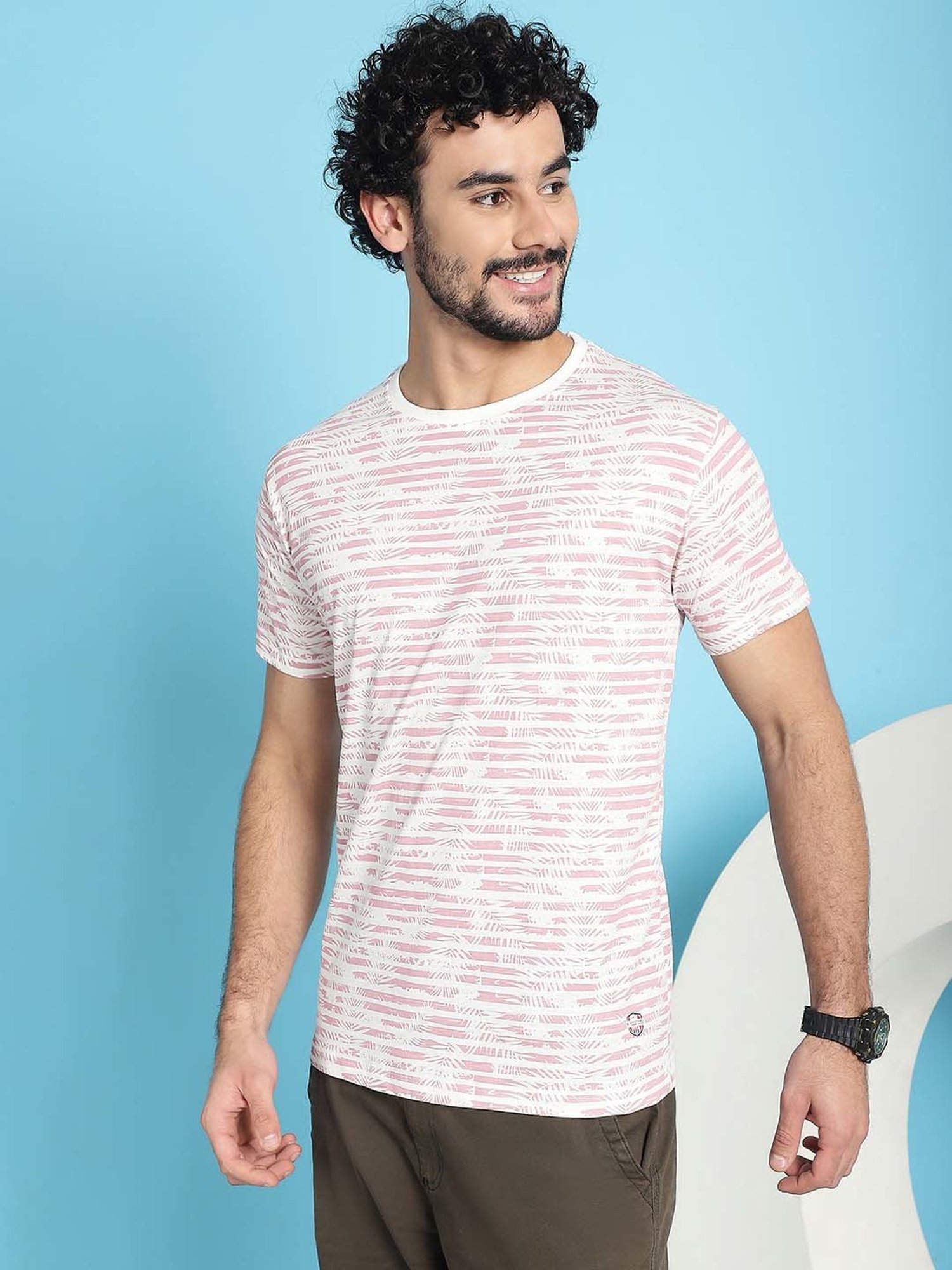 Venitian- Forbidden Clothing Rose Pink Slim Fit Printed Crew T-Shirt