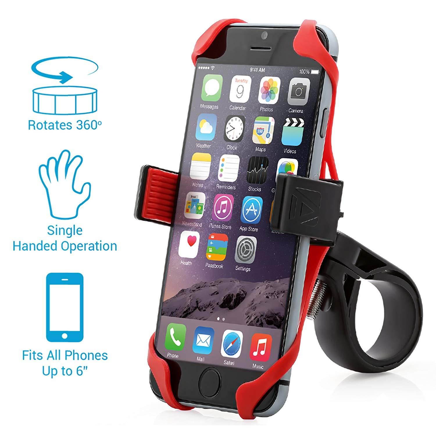 Aduro U-Grip Plus Universal Bike Mount - for Motorcycle, Handlebar, Roll Bar, iPhone X Xs 7 6 6s 7 Plus 5 5s 5c Bike Mount for All Android Smartphones, and GPS Holder (Black/Red)