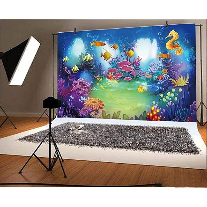 7x5ft Cartoon Marine Theme Vinyl Photography Background Underwater Dreamland Sea Horse Fishes Coral Backdrop Child Kids Baby Birthday Party Banner Safari Mermaid Party Wallpaper