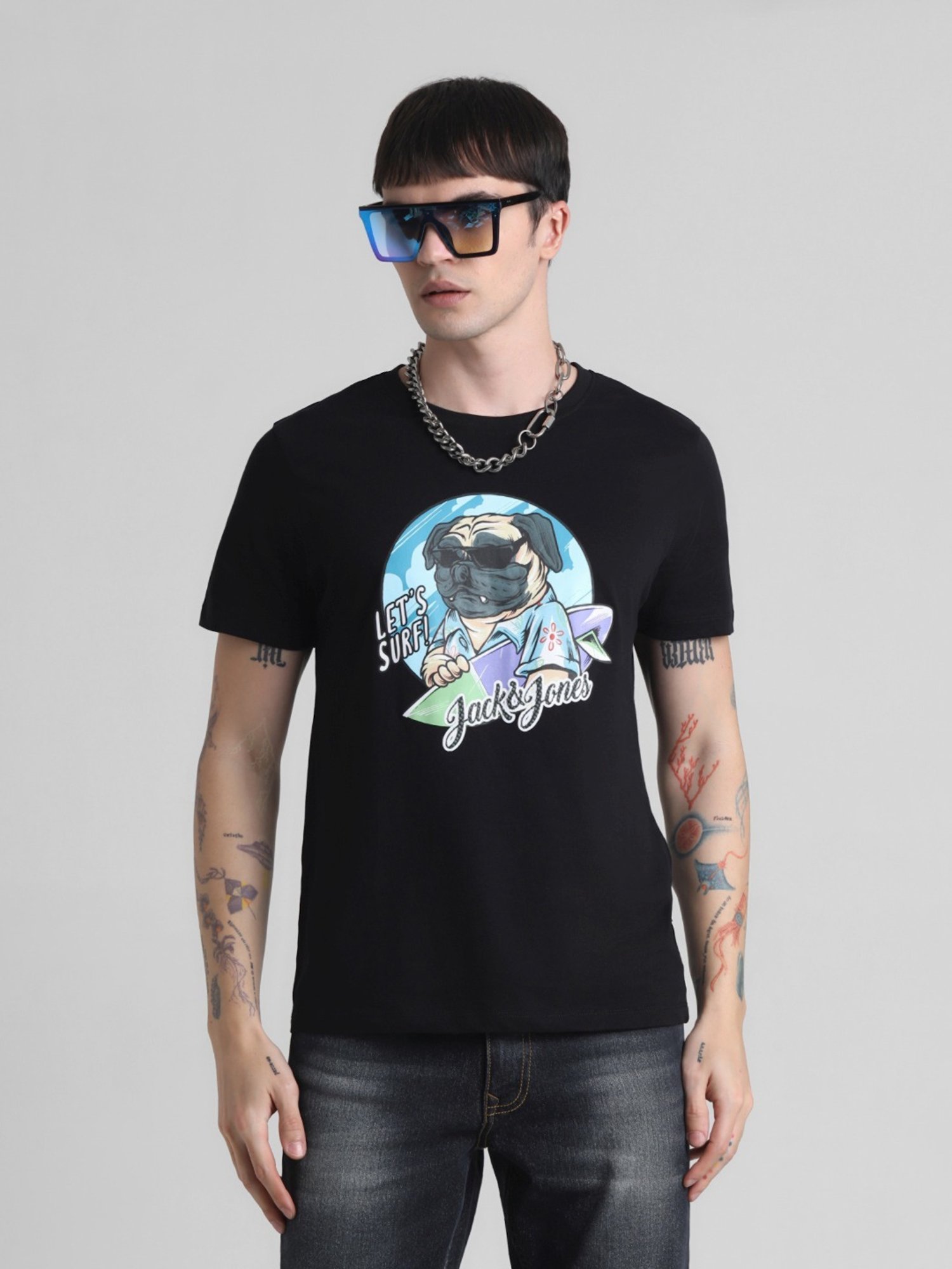 Jack & Jones Jet Black Cotton Regular Fit Printed T-Shirt