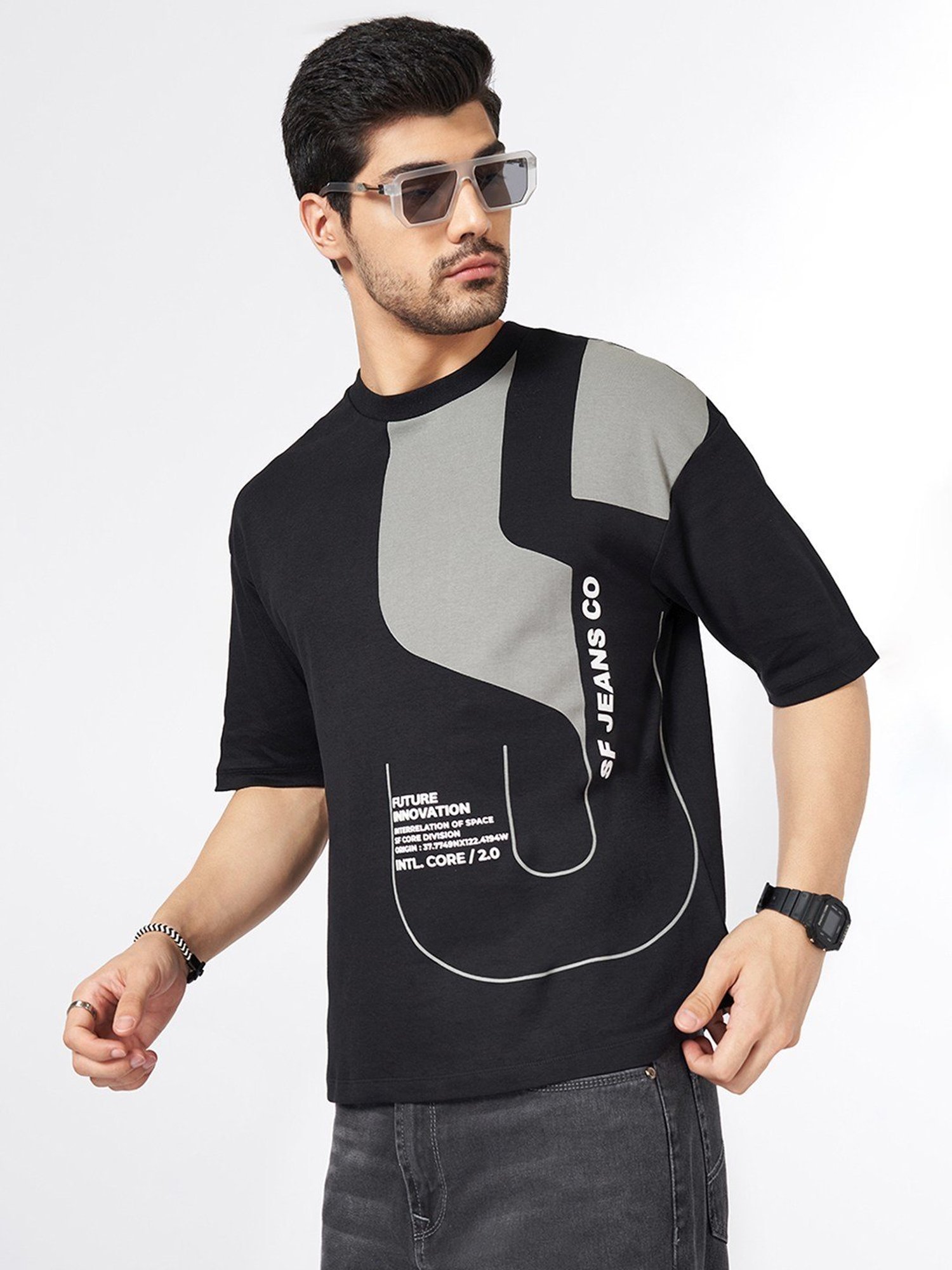 Sf Jeans By Pantaloons Black Cotton Loose Fit Printed T-Shirt