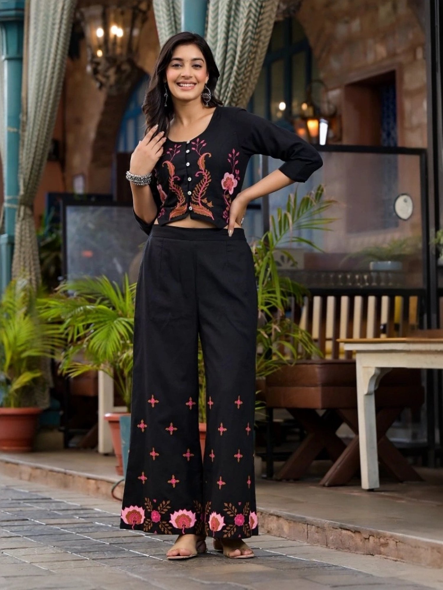 Juniper Black Cotton Embroidered Top Palazzo