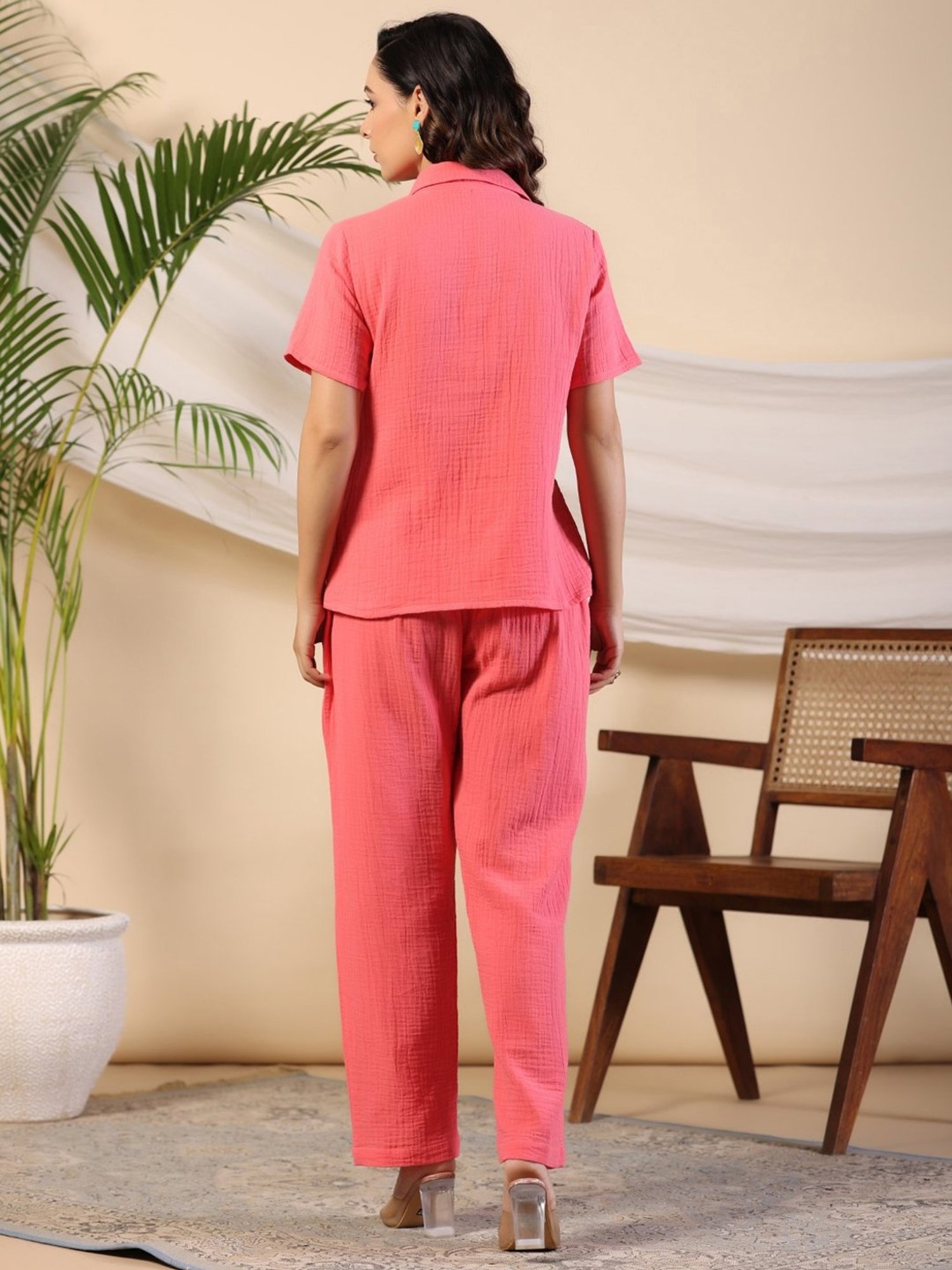 Juniper Coral Women Solid Top With Pants Co-Ord Set With Floral Embroidery & Contrast Beads