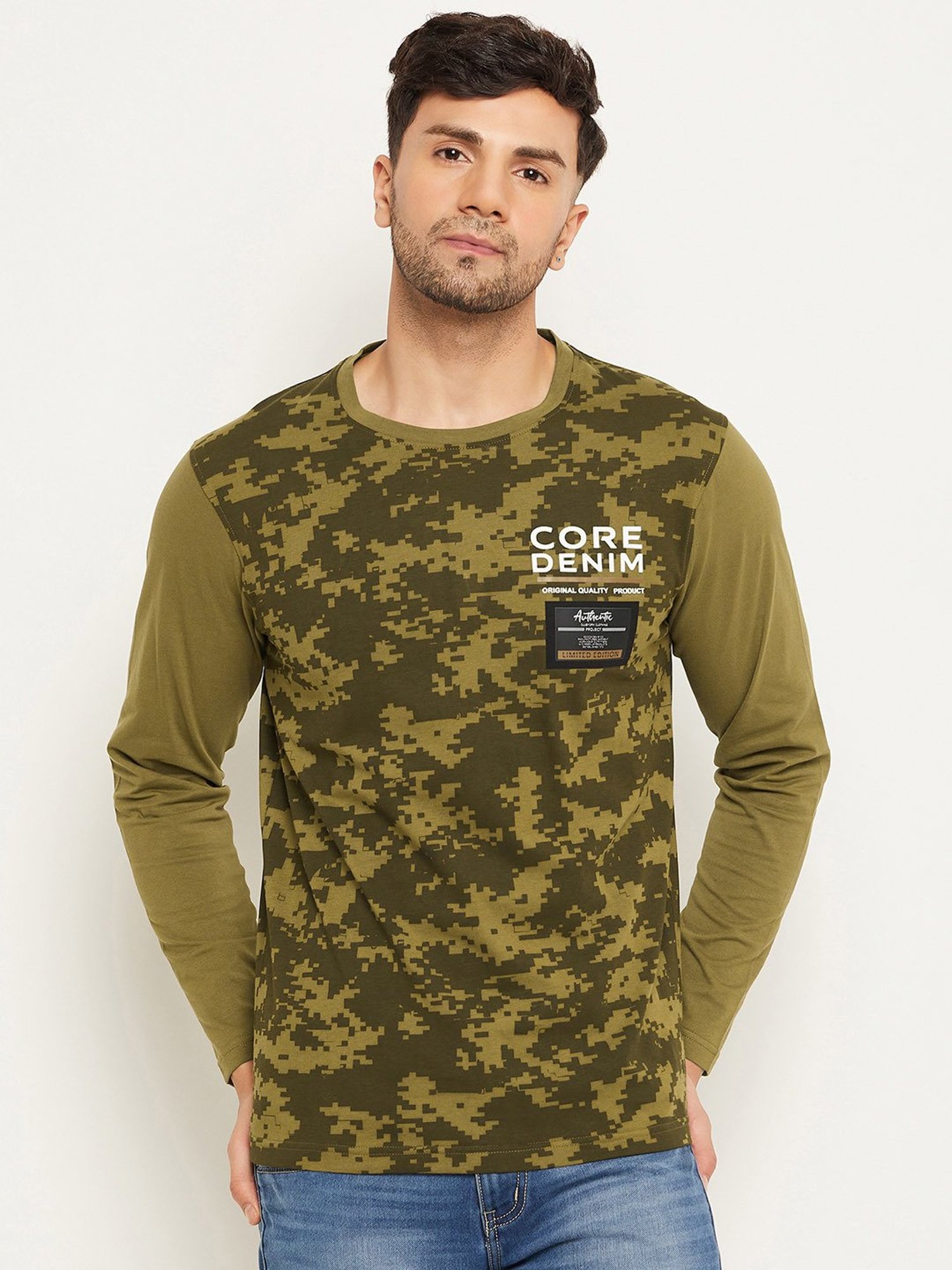 Club York Olive Regular Fit Printed Crew T-Shirt