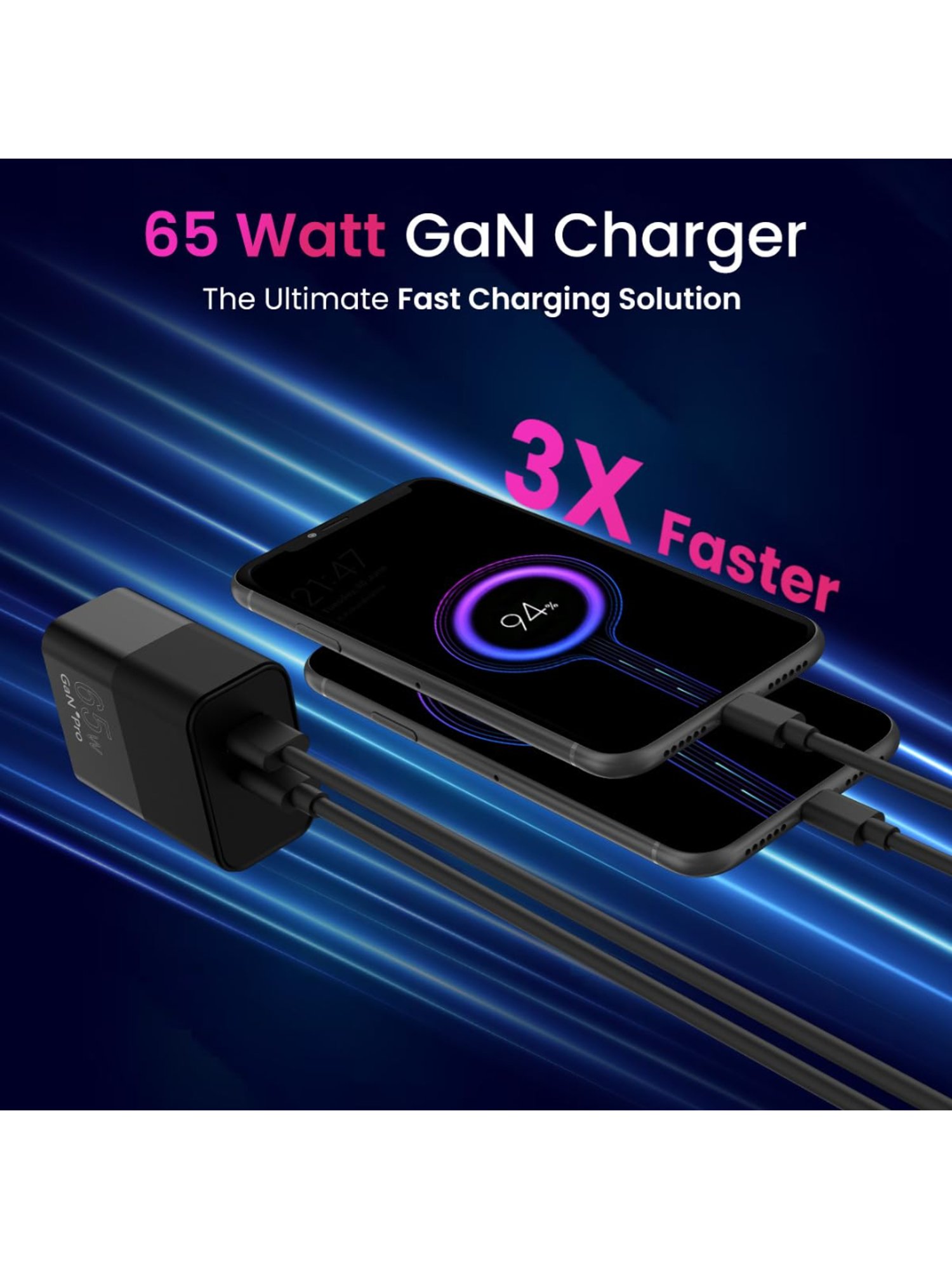 Portronics Adapto 65 Pro 65W Dual Ports Outputs GaN Fast Wall Charger with Cable (Black)