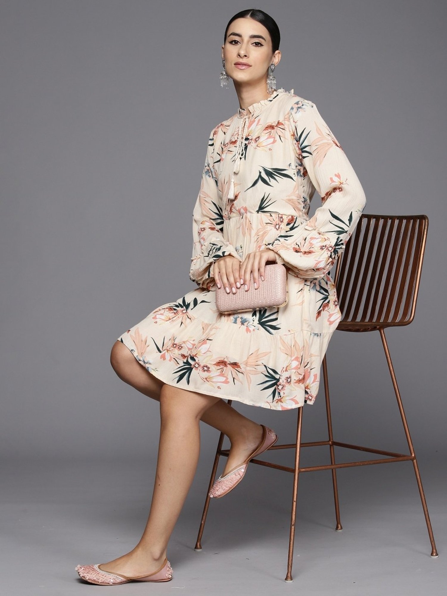 Indo Era Beige Cotton Floral Print A-Line Dress