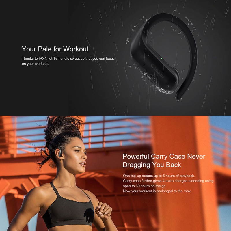 QCY T6 Ear Hook Wireless Earphones Sport Binaural Bluetooth Headphone Stereo Hifi Sound With Exclusive APP IPX5 Waterproof