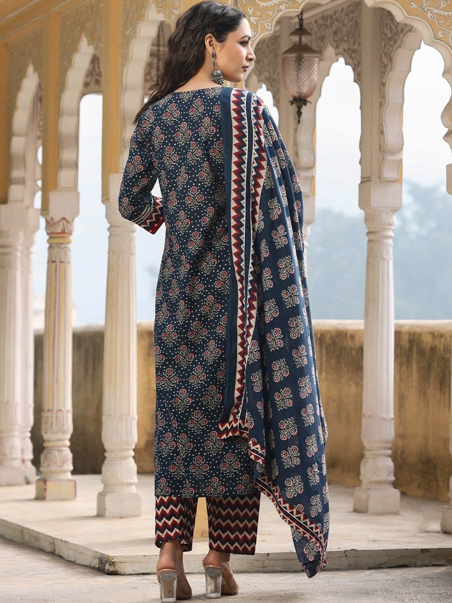 Rain and Rainbow Navy Cotton Printed Kurta Pant Set With Dupatta