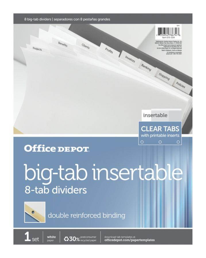 Office Depot Insertable Dividers With Big Tabs, White, Clear Tabs, 8-Tab, OD14792