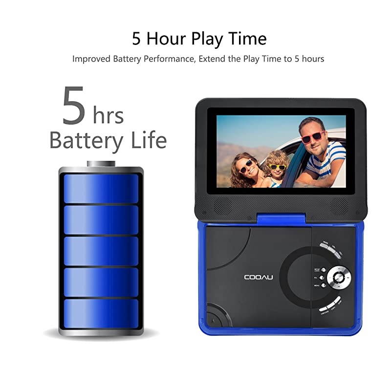 98 Portable DVD Player with 75 Swivel Screen 5 Hour Rechargeable Battery Support USBSD Card Direct Play in Formats AVIRMVBMP3JPEG Blue