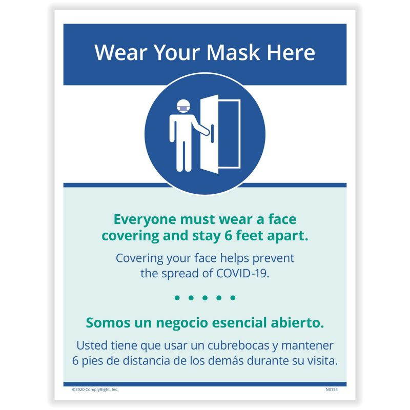 Bilingual Wear Your Mask Here Notice, 8.5" x 11" - 1 Poster per Pack