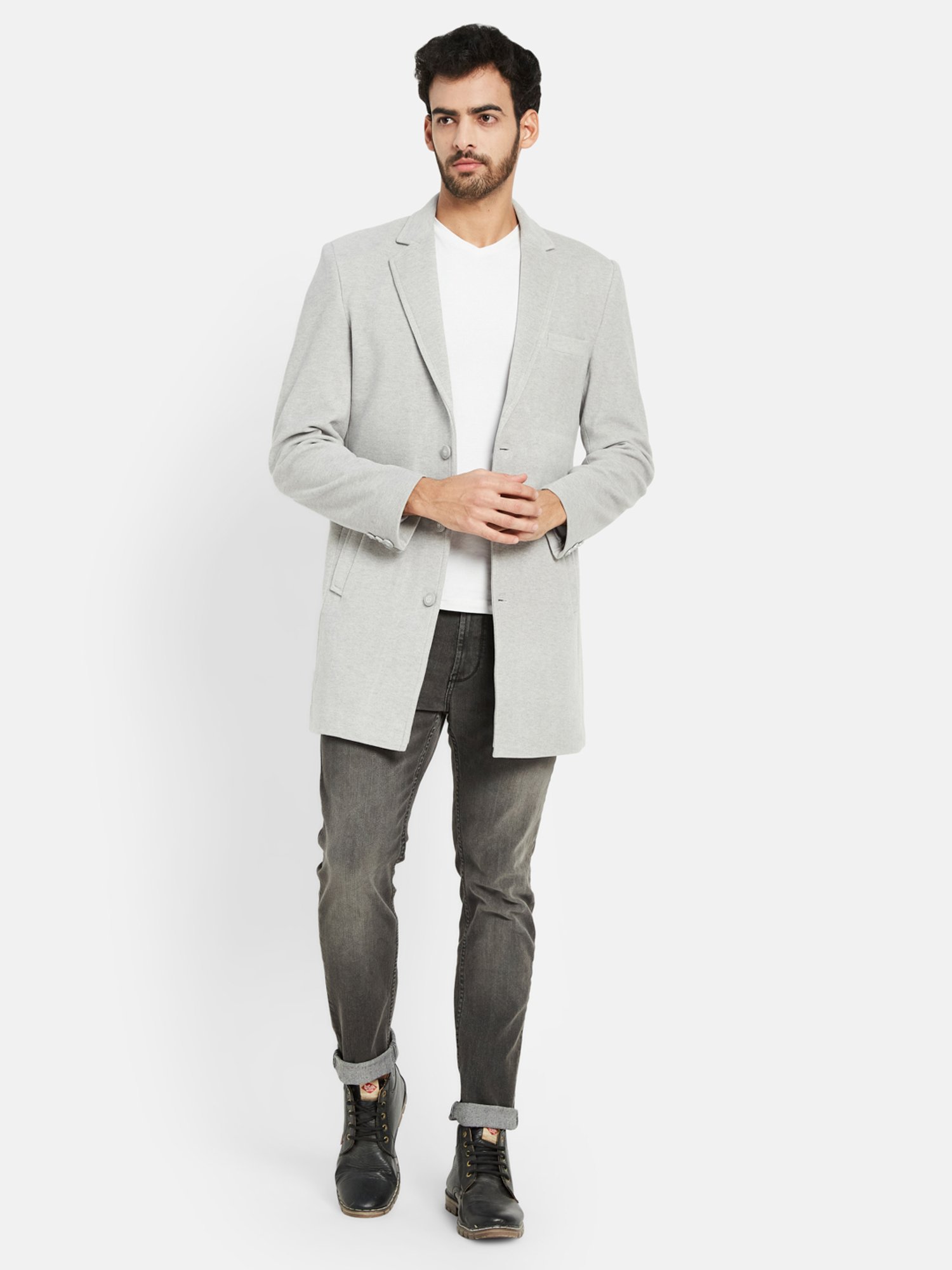 METTLE Light Grey Regular Fit Notch Lapel Overcoat