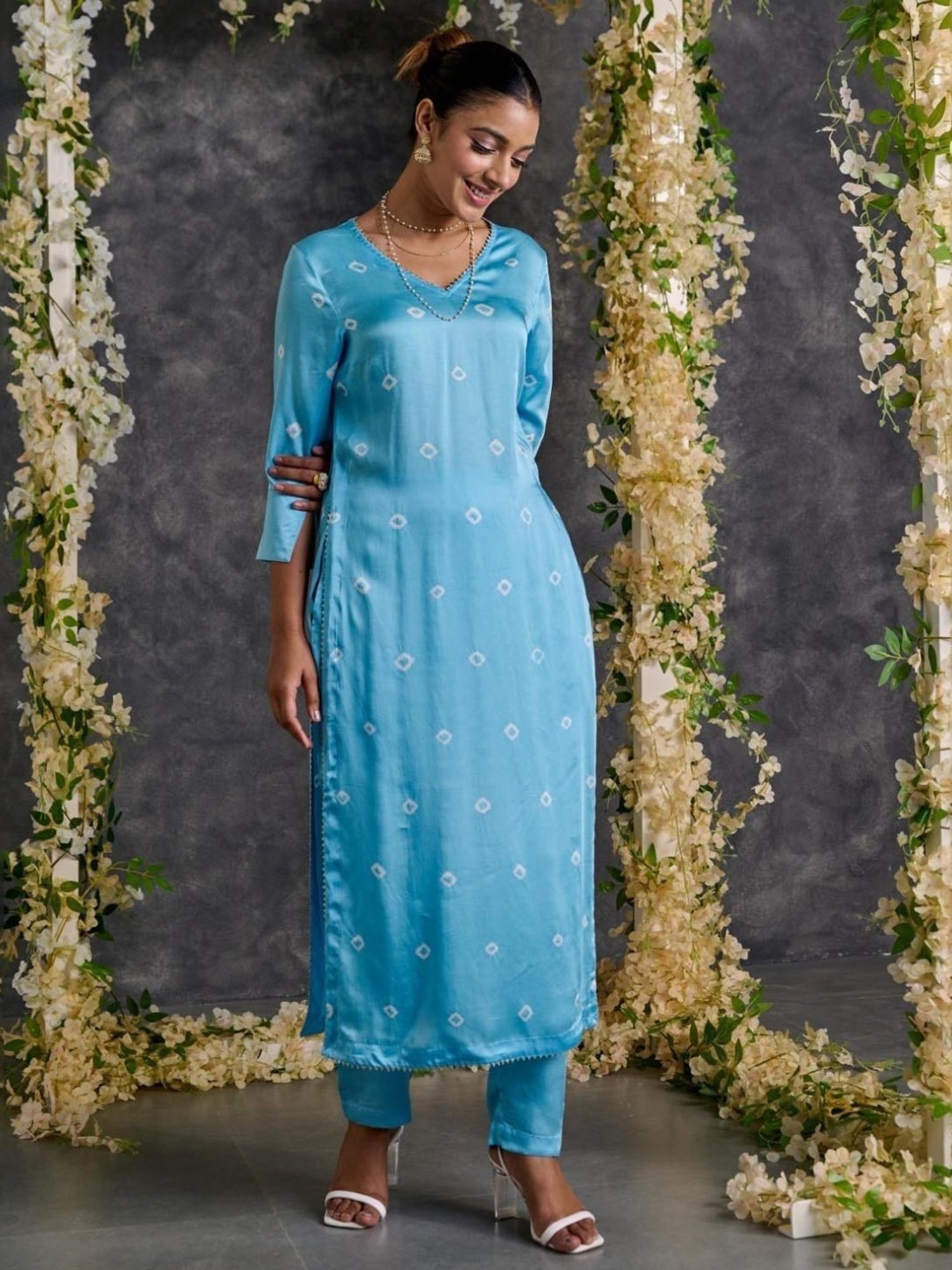 Gulaal Blue Bandhani High Slit Modal Satin Kurta and Pant with Dupatta