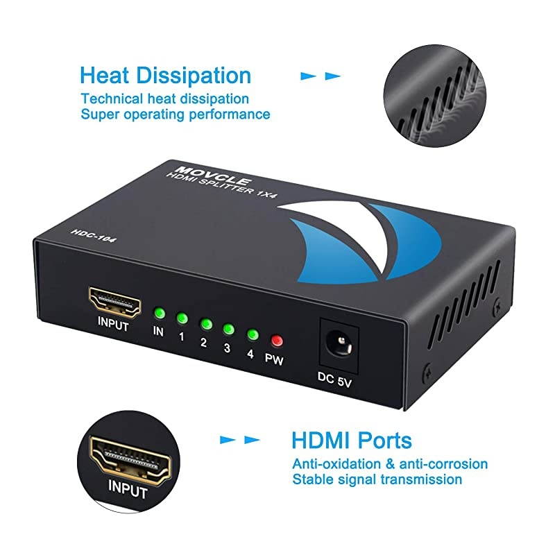 Splitter 1 in 4 Out 1x4 Ports v1.4 Powered 4K/2K Full Ultra HD 1080p US Adapter 3D Support