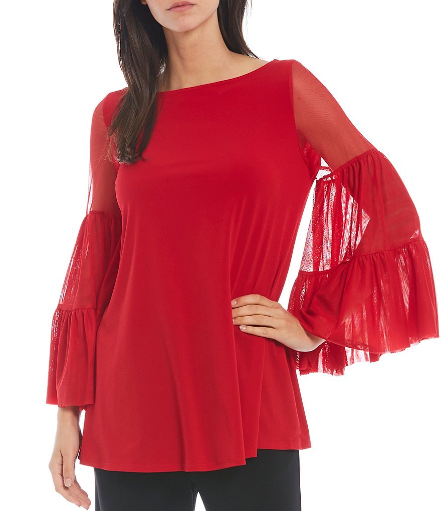 IC Collection Tiered Layer Mesh Bell Long Sleeve Boat Neck Knit Top