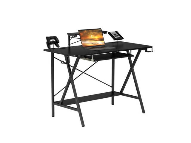 Gaming Desk Table 47" , E-Sports Computer Desk, Gaming Workstation Desk, PC Stand Shelf Keyboard stand Power Strip with USB Cup Holder & Headphone Hook Home Office Desk Gamer Desk , Black,GT02