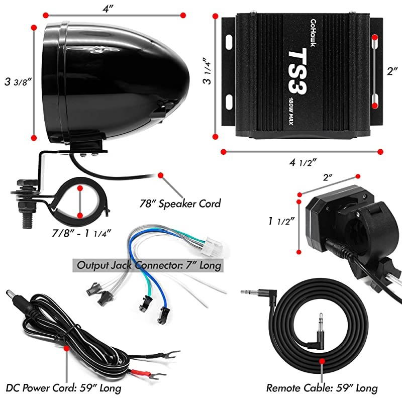 TS3-Q Gen.3 Motorcycle Weatherproof Bluetooth Speakers 7/8-1.25 in. Handlebar Mount MP3 Music Player Sound Audio Stereo Amplifier System ATV UTV w/AUX, USB, Micro SD, FM Radio, 4-Speaker