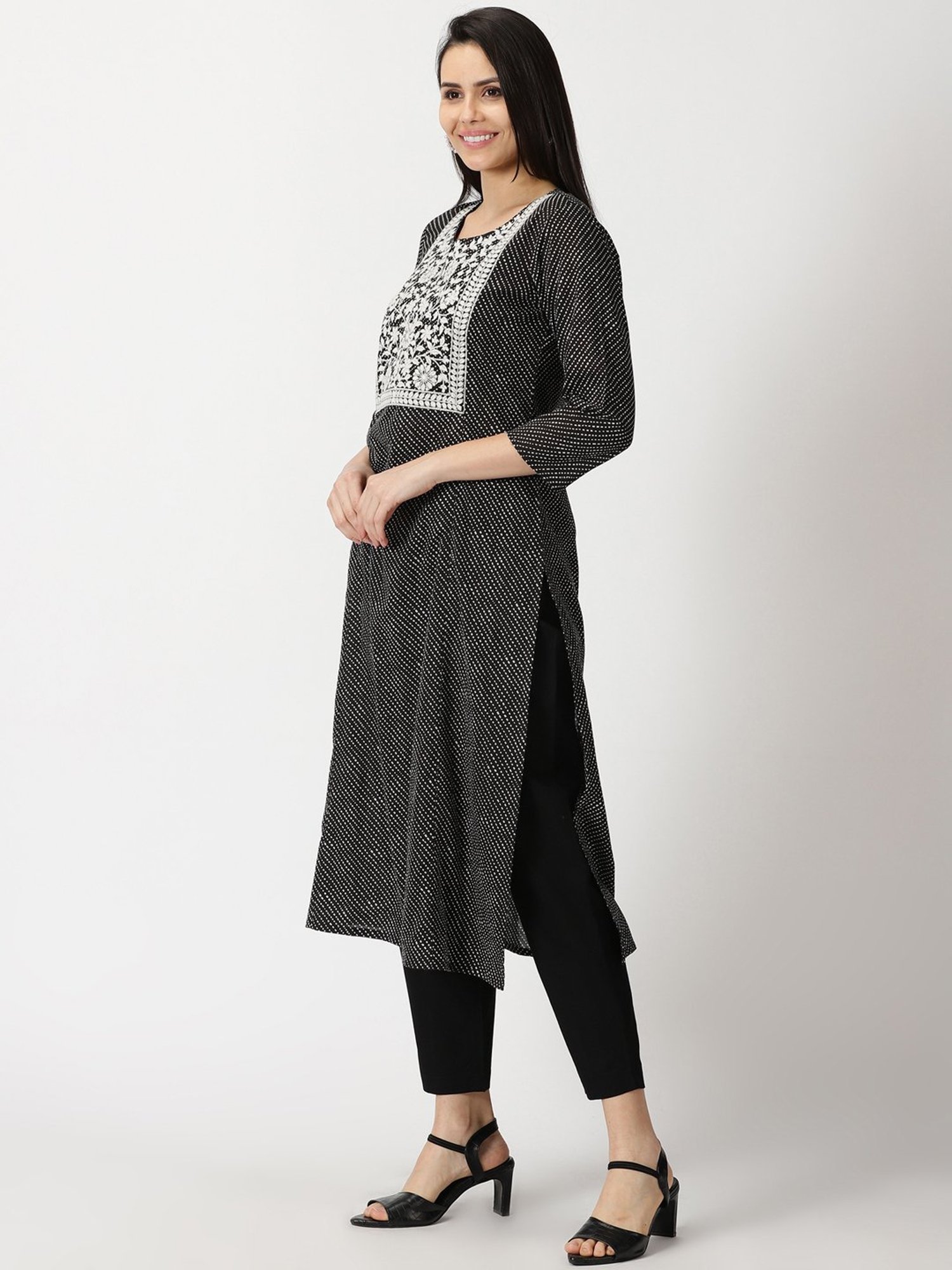 Saffron Threads Black Cotton Leheriya Print A Line Kurta