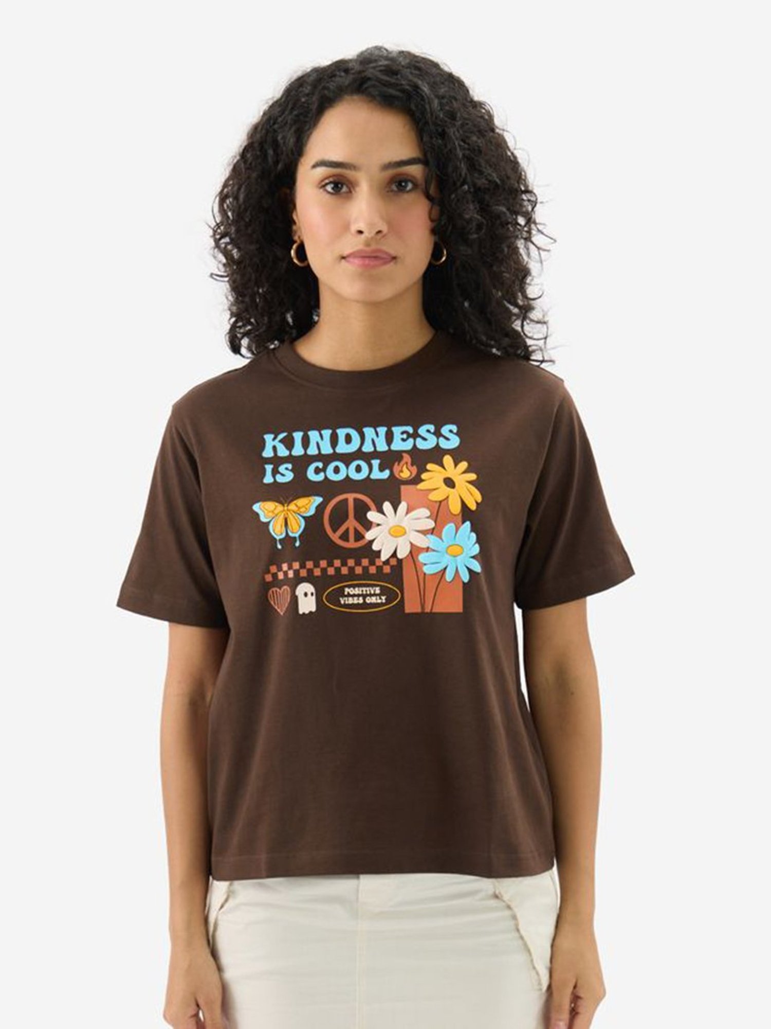 The Souled Store Brown Cotton Graphic Print T-Shirt