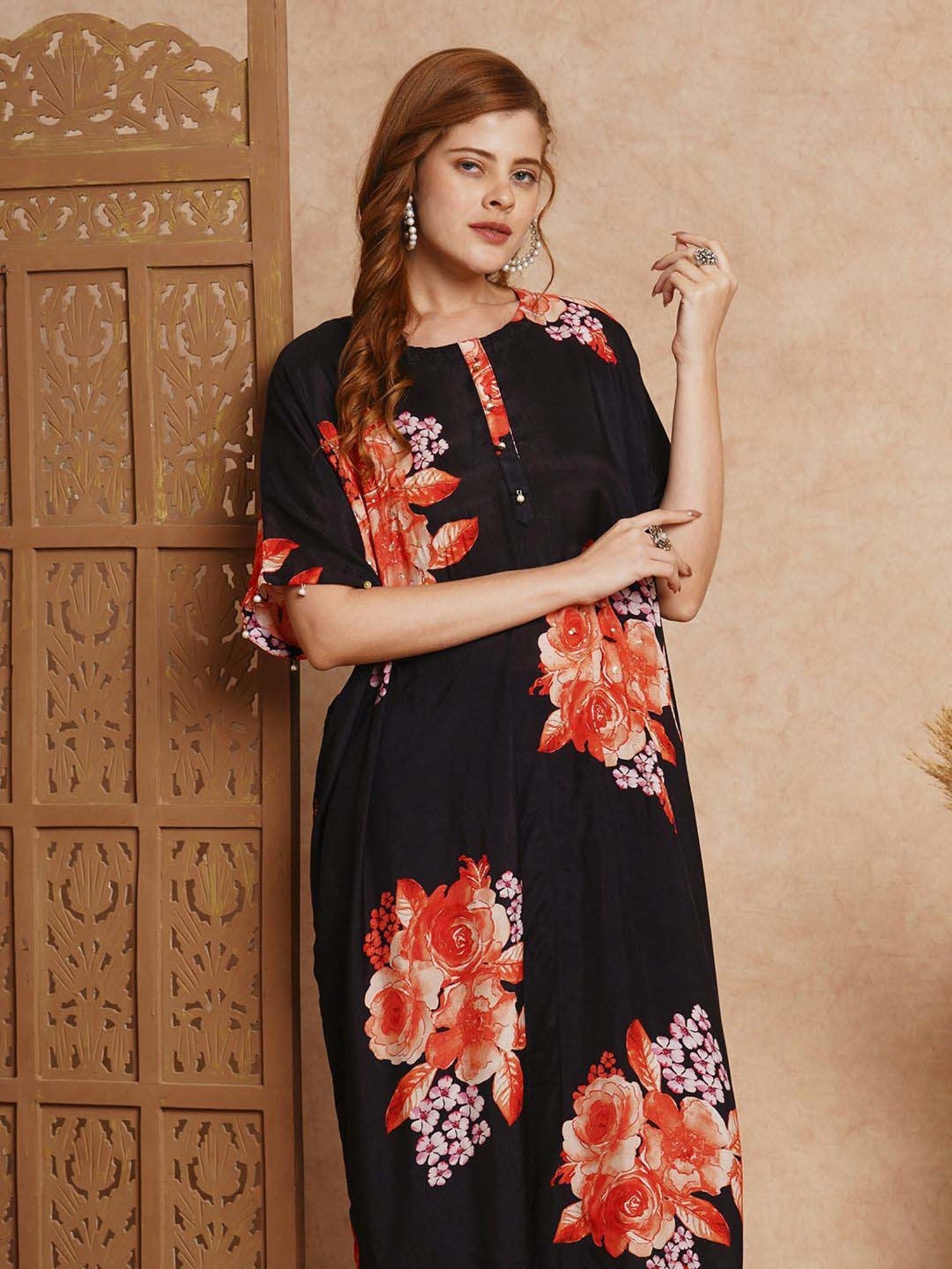 Fashor Black Floral Print Kurta & Pant Set