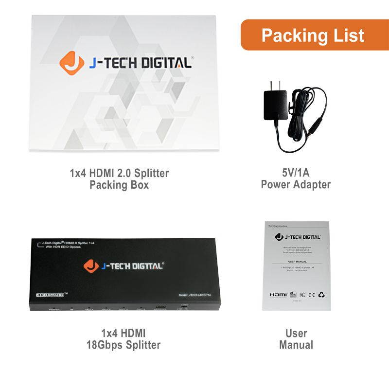HDMI Splitter 1 in 4 out 18Gbps 4K@60Hz HDR10, DOLBY VISION by J-Tech Digital HDMI 2.0b, HDCP 2.2 compliant with smart EDID control, supports 3D and VESA video formats [JTECH-4KSP14]