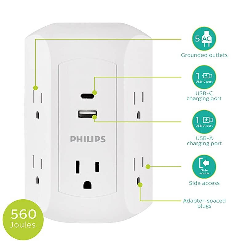 15W USBC Surge Protector Adapter 5 Outlet Wall Tap for iPhone 11 MaxXSXRX8 iPad ProAirMini Samsung Galaxy Google Pixel 17W Total Power White SPP5252WC37 1 Pack