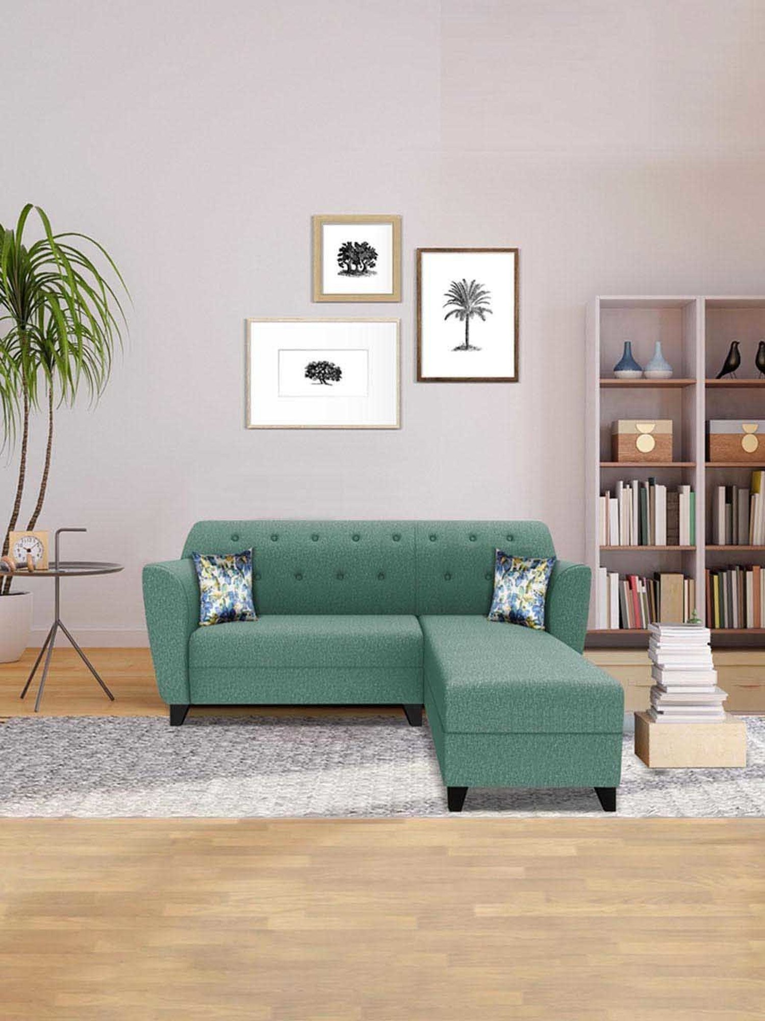 Trevi Imperial Green Fabric & Neem Wood 5 Seater RHS Sectional Sofa
