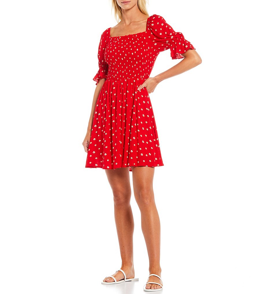 Skies Are Blue Floral Print Square Neck Short Sleeve Smocked Mini Dress