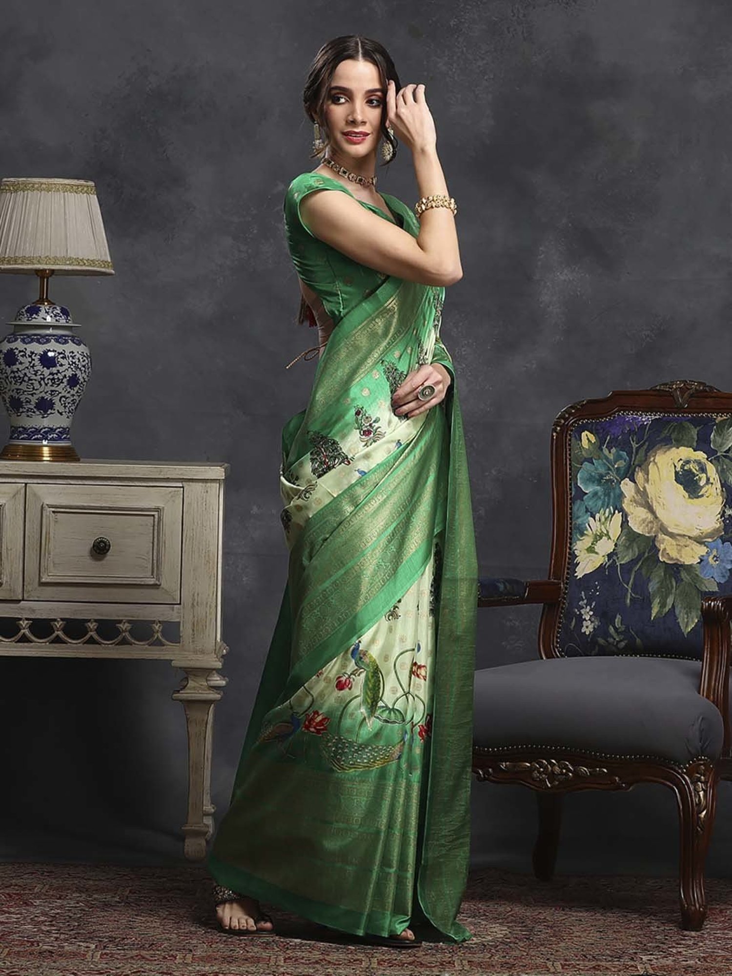 Saree Mall Green Silk Printed Saree With Unstitched Blouse