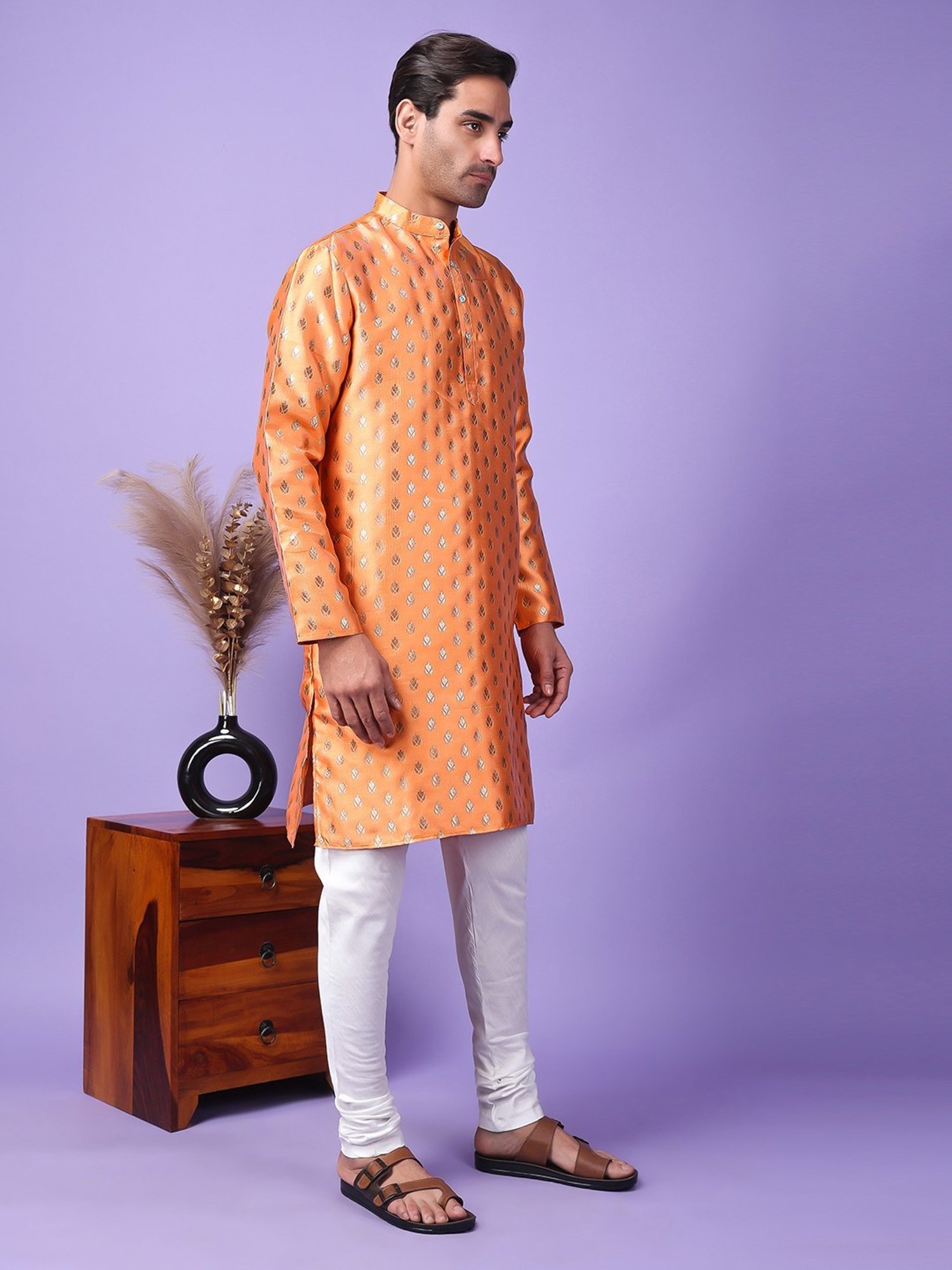 Hangup Orange & White Regular Fit Embellished Kurta Bottom Set