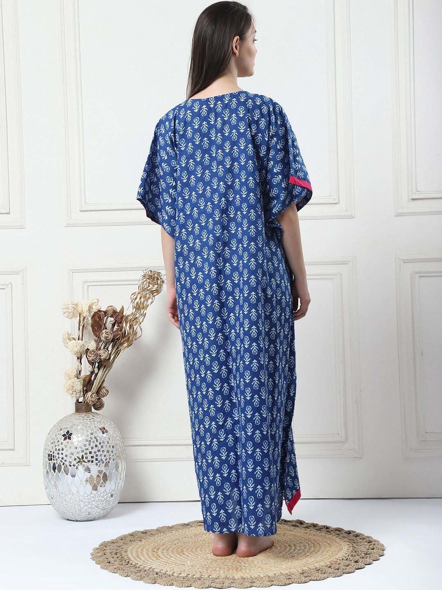 Secret Wish Navy Cotton Printed Straight Kaftan