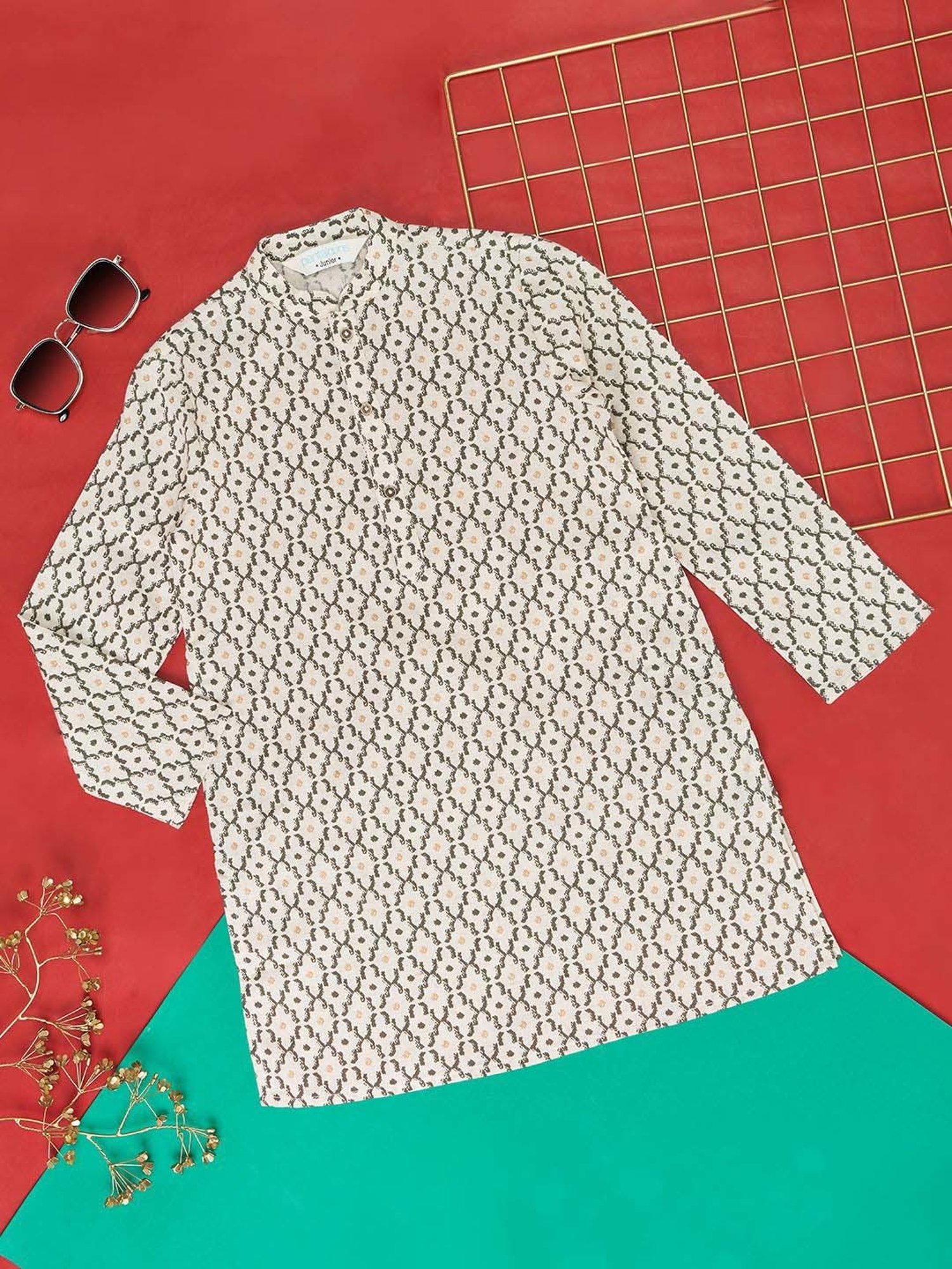 Indus Route by Pantaloons Kids Off-White Linen Printed Full Sleeves Kurta