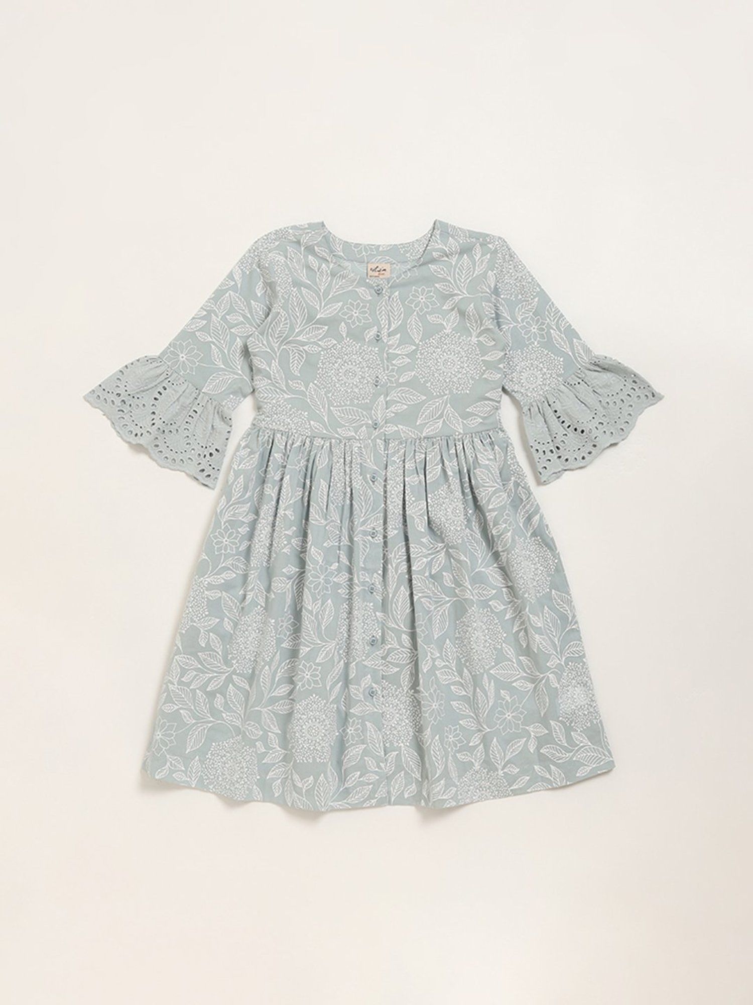 Utsa Kids by Westside Blue Foliage Printed A-Line Cotton Dress