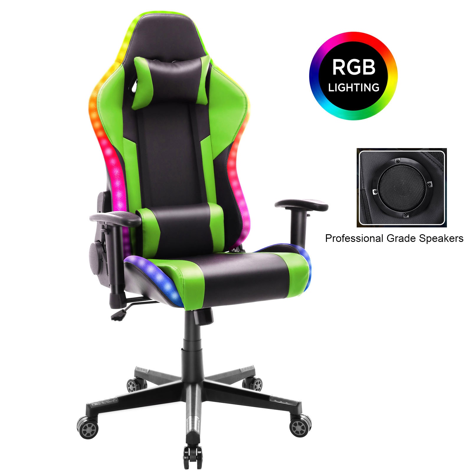 YOUTHUP Gaming Chair with RGB LED Lights, Racing Style Recliner Swivel Video Computer Chair with Bluetooth Speakers, Adjustable Ergonomic High Back, PU Leather with Headrest and Lumbar Support, Pink
