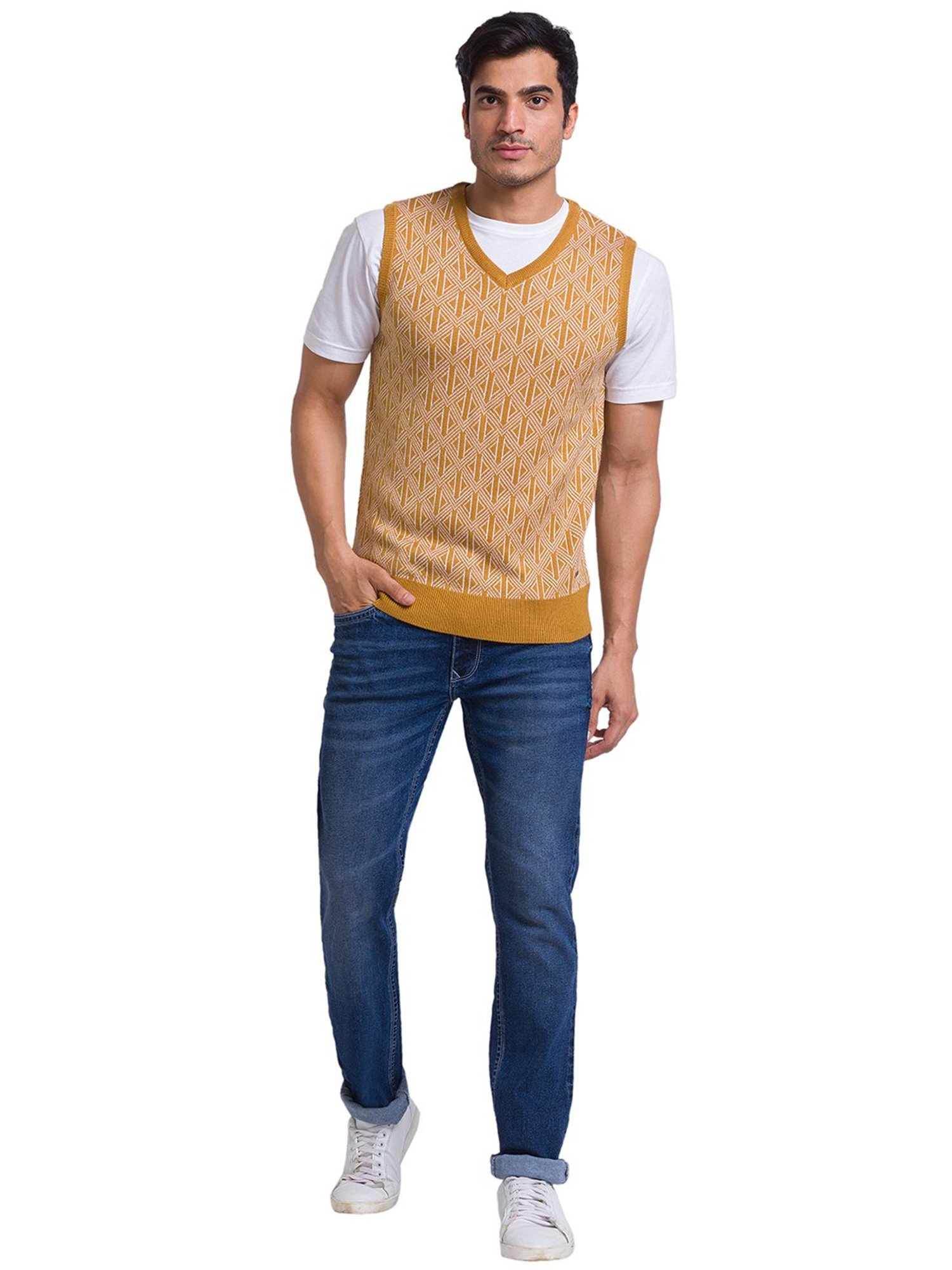 Parx Yellow Regular Fit Self Design Sweater