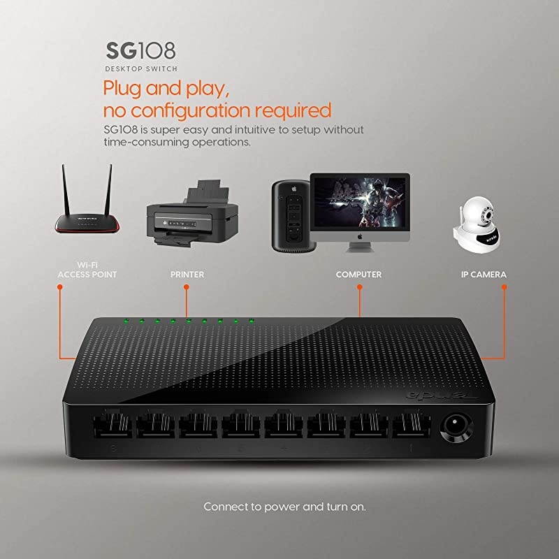 8 Port Gigabit Ethernet Network Switch | Ethernet Splitter | PlugandPlay | Traffic Optimization | Unmanaged SG108 Black