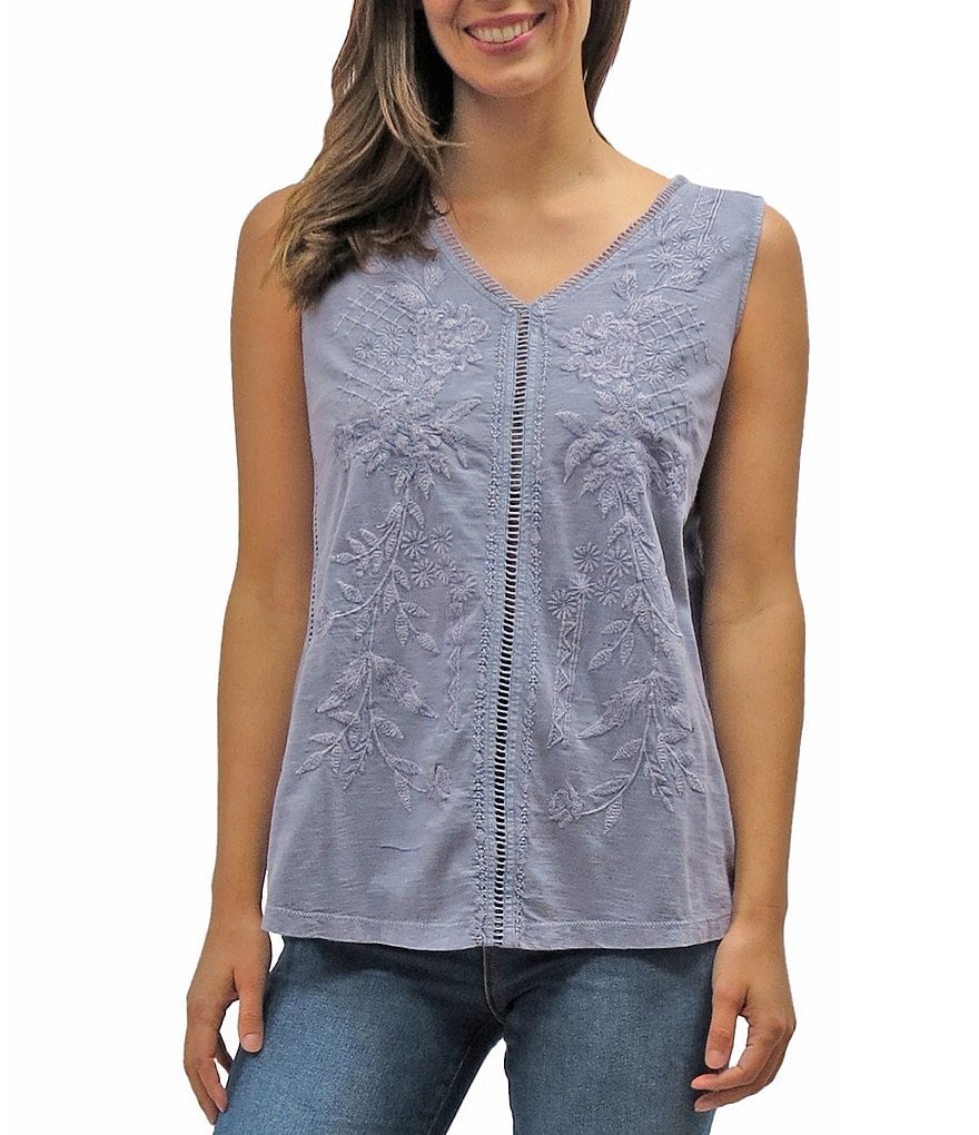 Karyn Seo Lilo Tonal Vintage Embroidered V-Neck Lace Detailing Cotton Tank