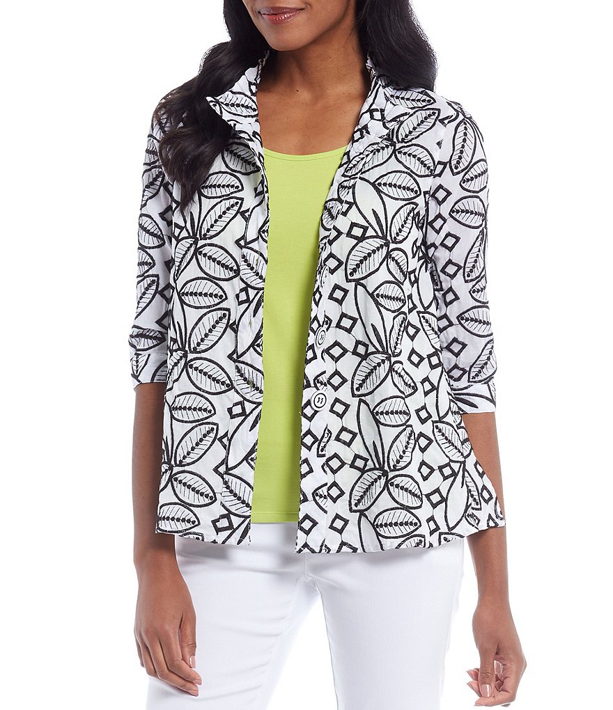 Ali Miles Petite Size Open Mesh Two Button Front 3/4 Sleeve Jacket