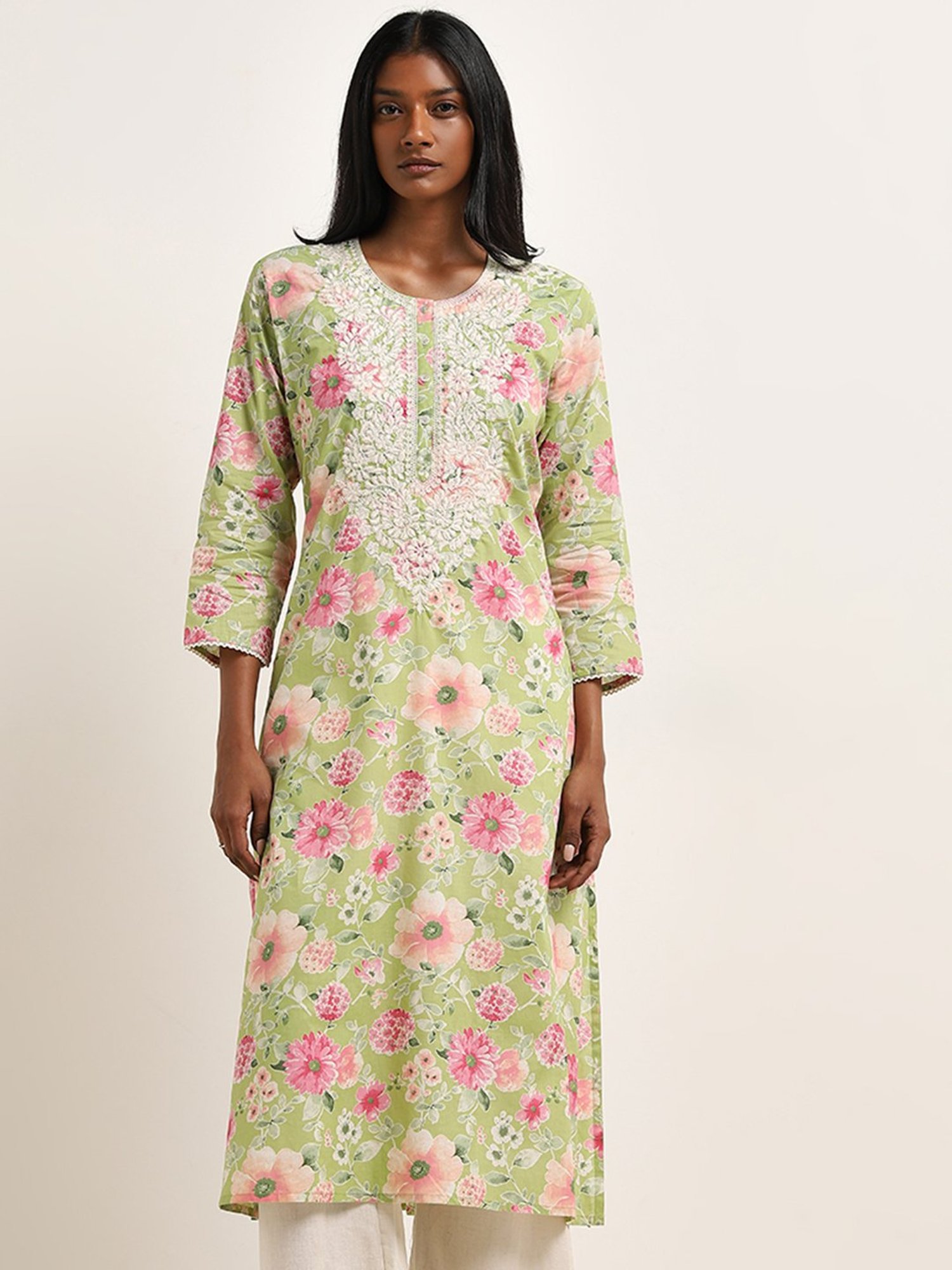 Utsa by Westside Green Floral Printed A-Line Cotton Kurta