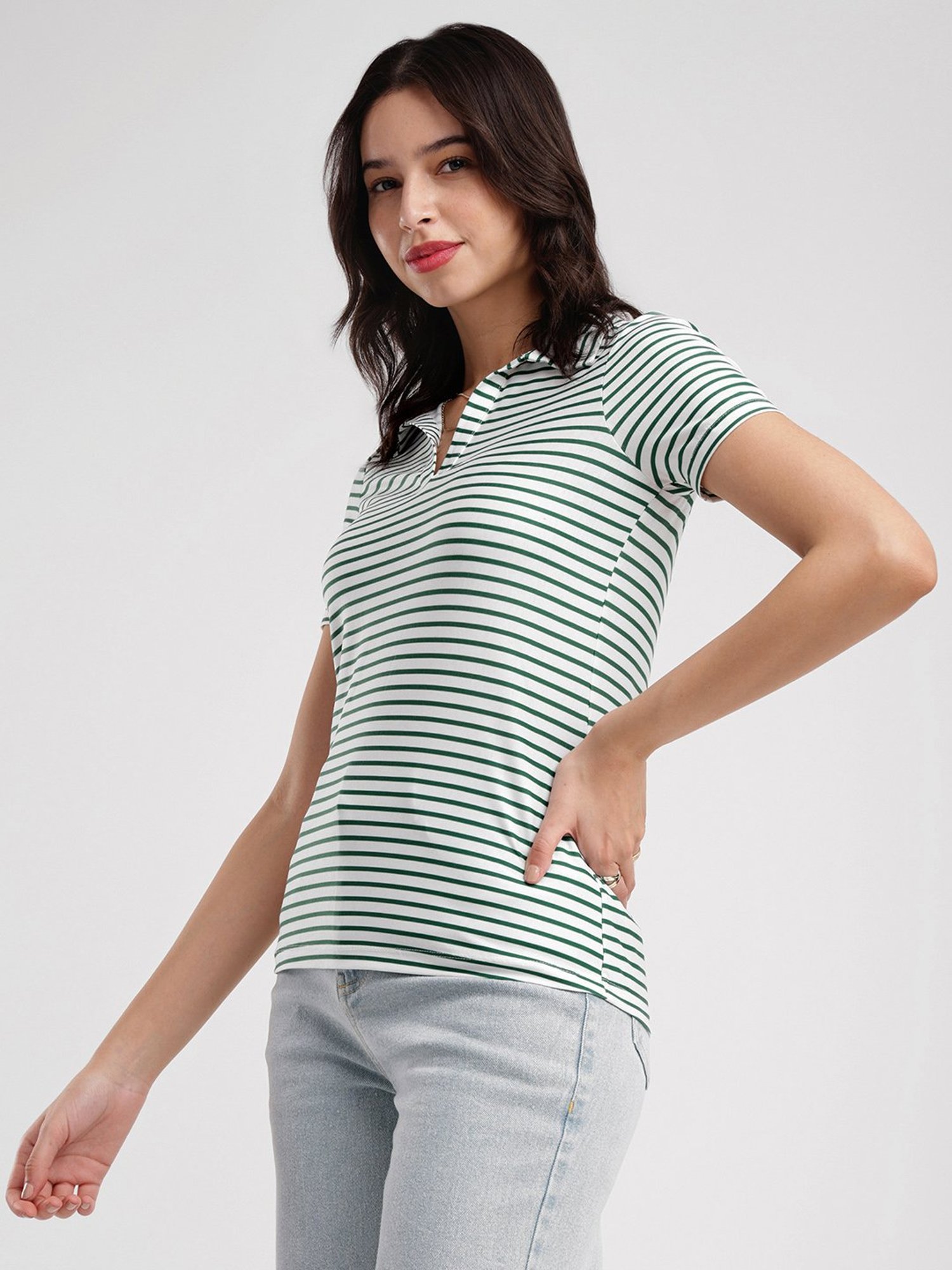 Fablestreet White & Green Cotton Striped T-Shirt
