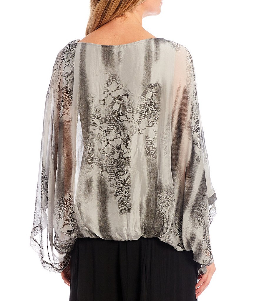 M Made in Italy Silk Blend Multi Combo Print 3/4 Sleeve Bubble Hem Poncho Top