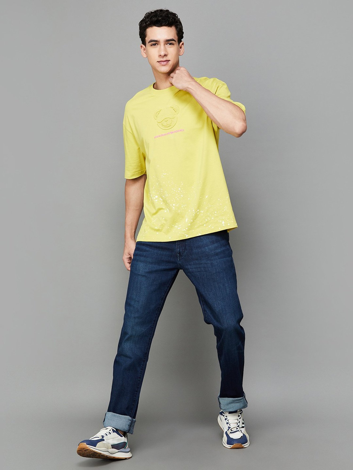 Forca by Lifestyle Lime Yellow Regular Fit Printed Crew T-Shirt