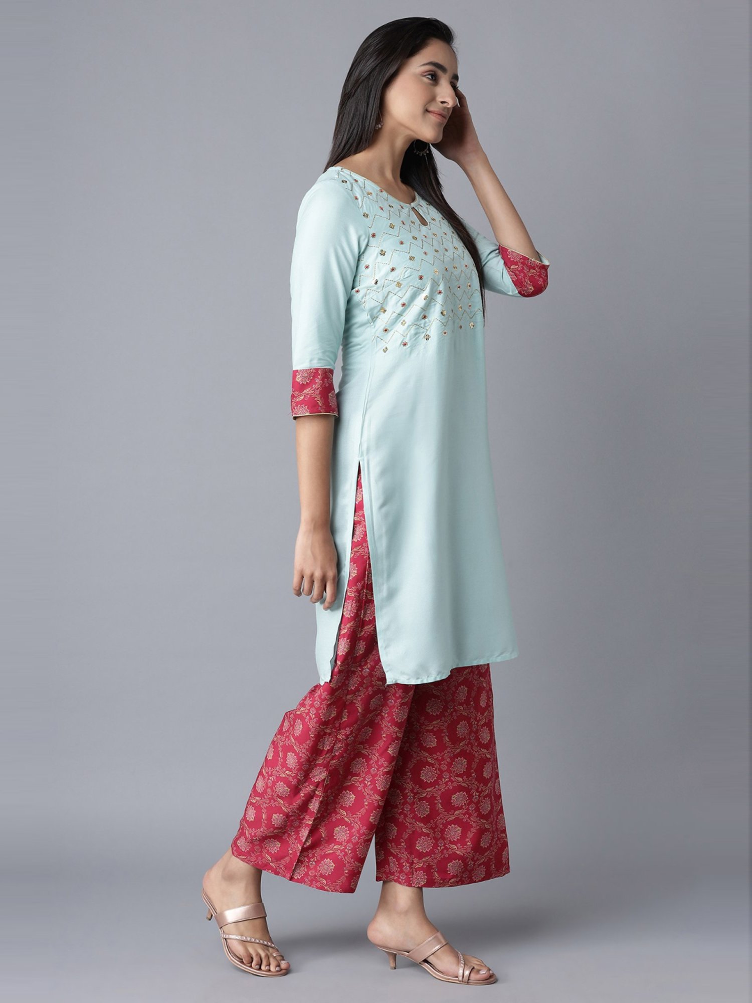 Aure by Aurelia Blue & Pink Embellished Kurta Palazzo Set